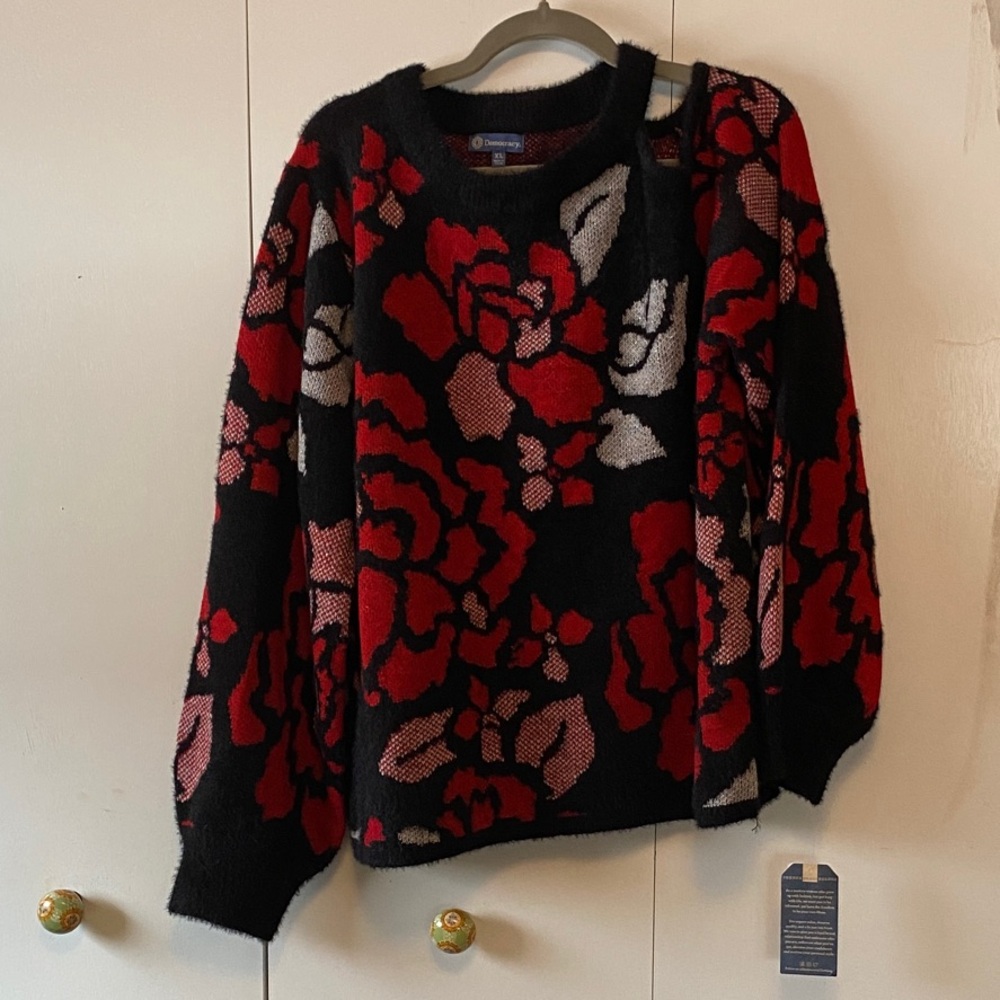 Democracy Black and Red Floral Sweater (Cold Shoulder)